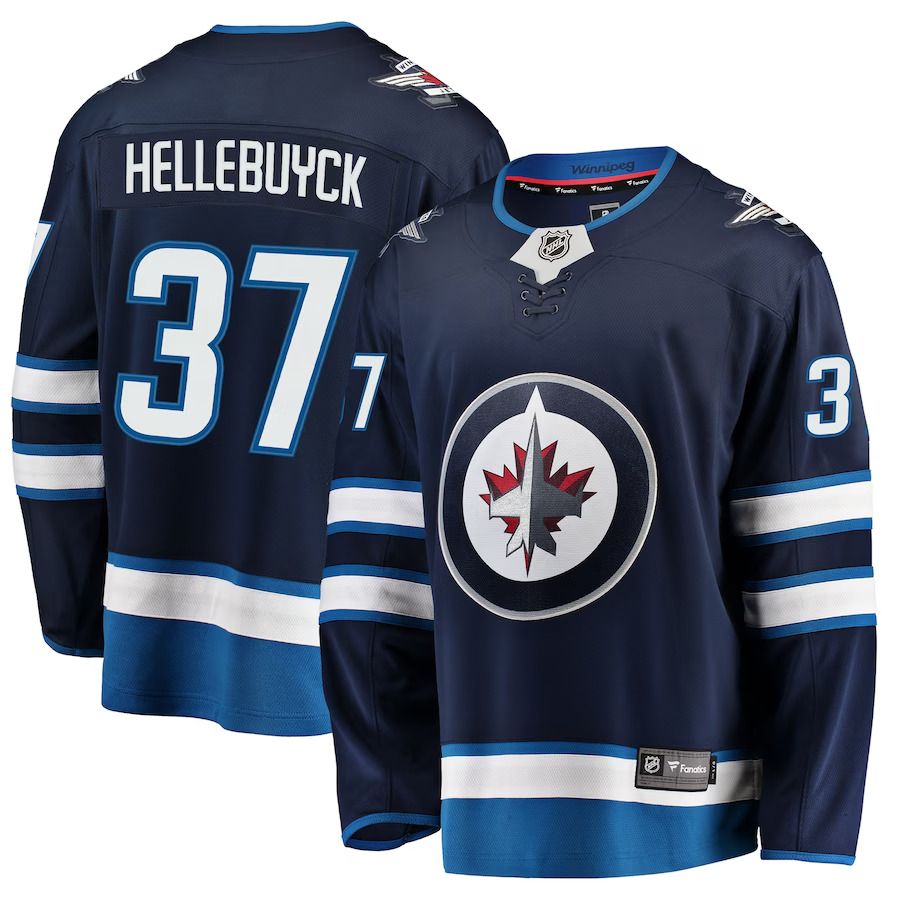Men Winnipeg Jets #37 Connor Hellebuyck Fanatics Branded Navy Breakaway Replica NHL Jersey